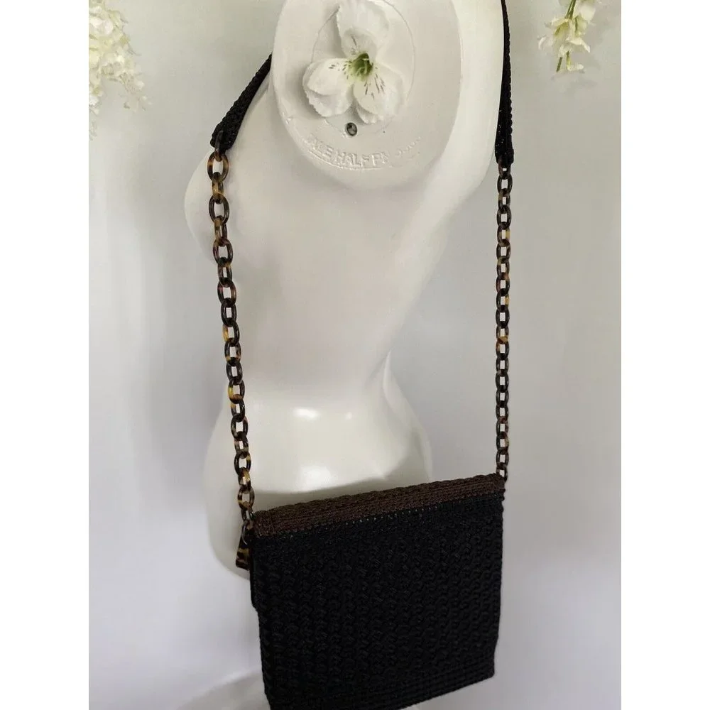 Christian Livingston Black Crochet Bag w Faux Tortoise Chain Strap Cross Body‎